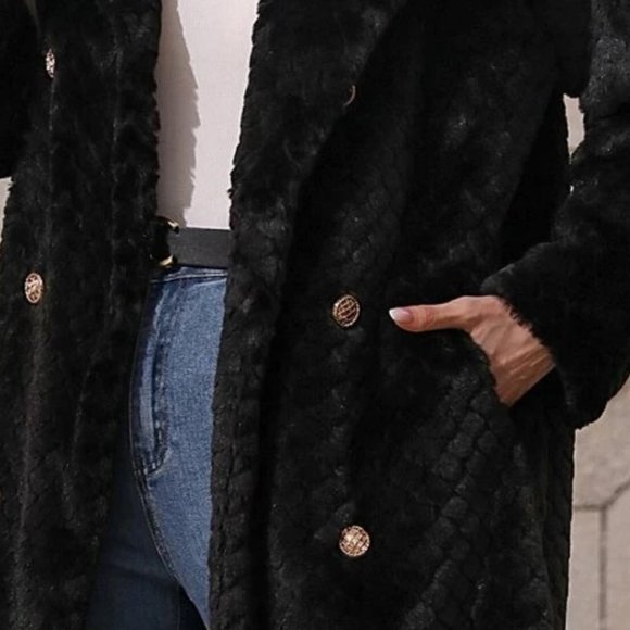 Black Faux fur teddy double breasted Coat Jacket - Picture 7 of 12